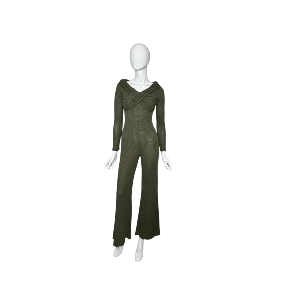 12th Tribe Jumpsuit Greenwich Olive Knit Off The Shoulder Size Small Long Sleeve